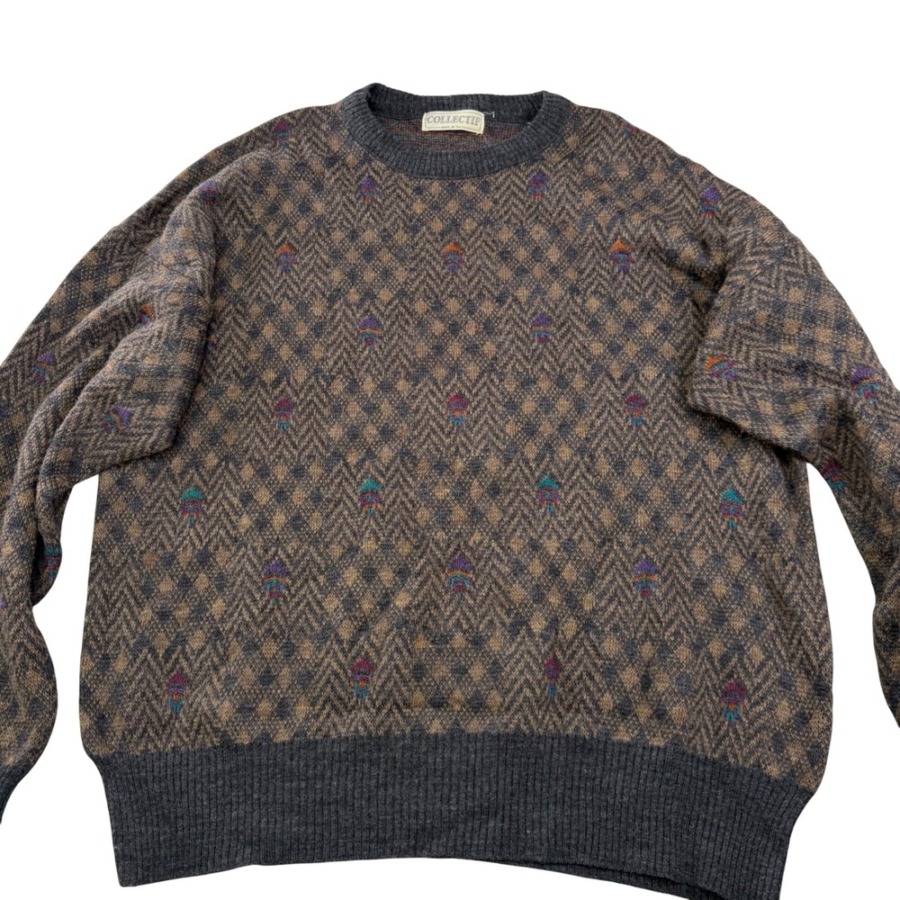 VTG 80s Collectif Italy Wool Blend Crewneck Sweater Geometric Tribal Knit, Large